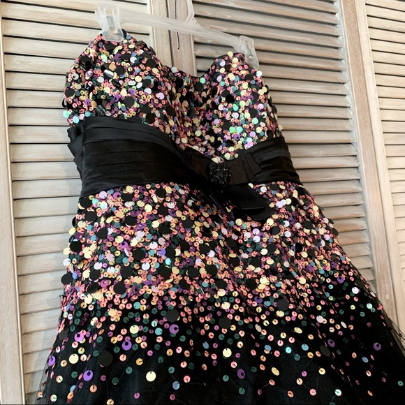 TIFFANY black confetti sequined grad prom dress satin corset back - Picture 8 of 13